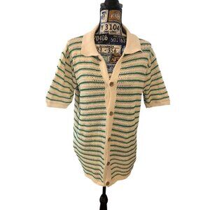 Vintage Style Green Cream Button Down Short Sleeve NERD Collared Sweater Sz XXL